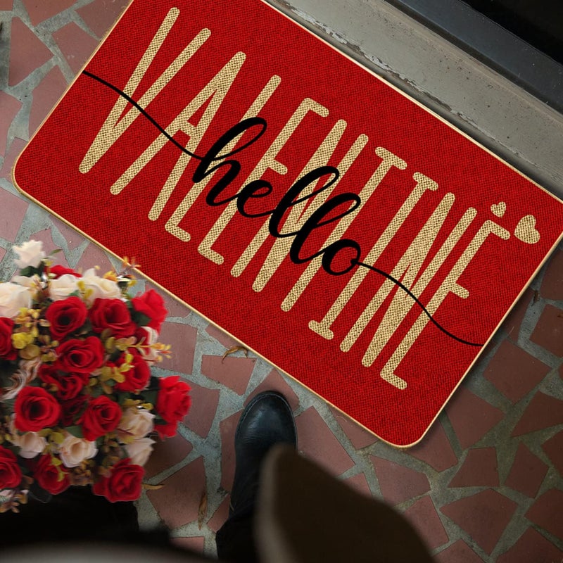 ARTDMT Red Hello Valentine's Day Welcome Decorative Doormat, Seasonal Wedding Anniversary Couple Non-Slip and Washable Seasonal Holiday Low-Key Floor Mat Indoor Outdoor - Image 2